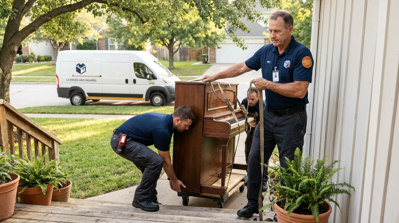 Licensed piano movers securing grand piano in Flowery Branch, GA