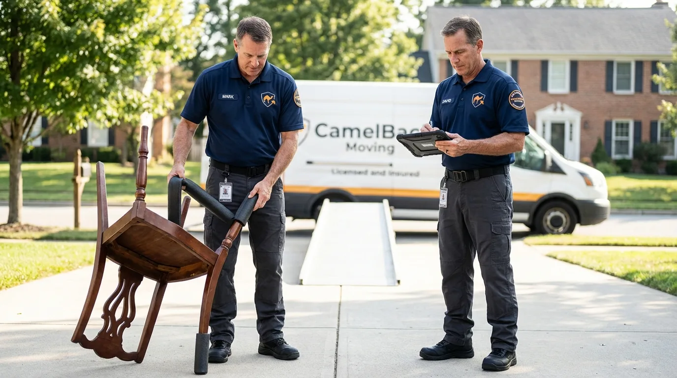 Movers inspecting furniture for damage prevention before loading in Flowery Branch, GA