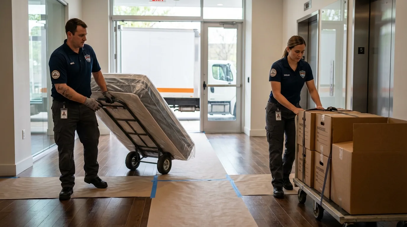 Professional apartment movers loading elevator in Flowery Branch, GA