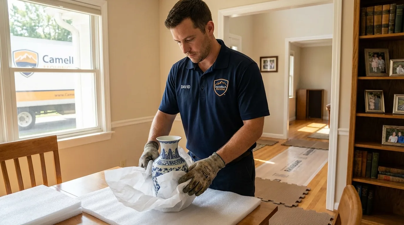 Professional crew carefully wrapping antique vase for senior downsizing move in Flowery Branch, GA